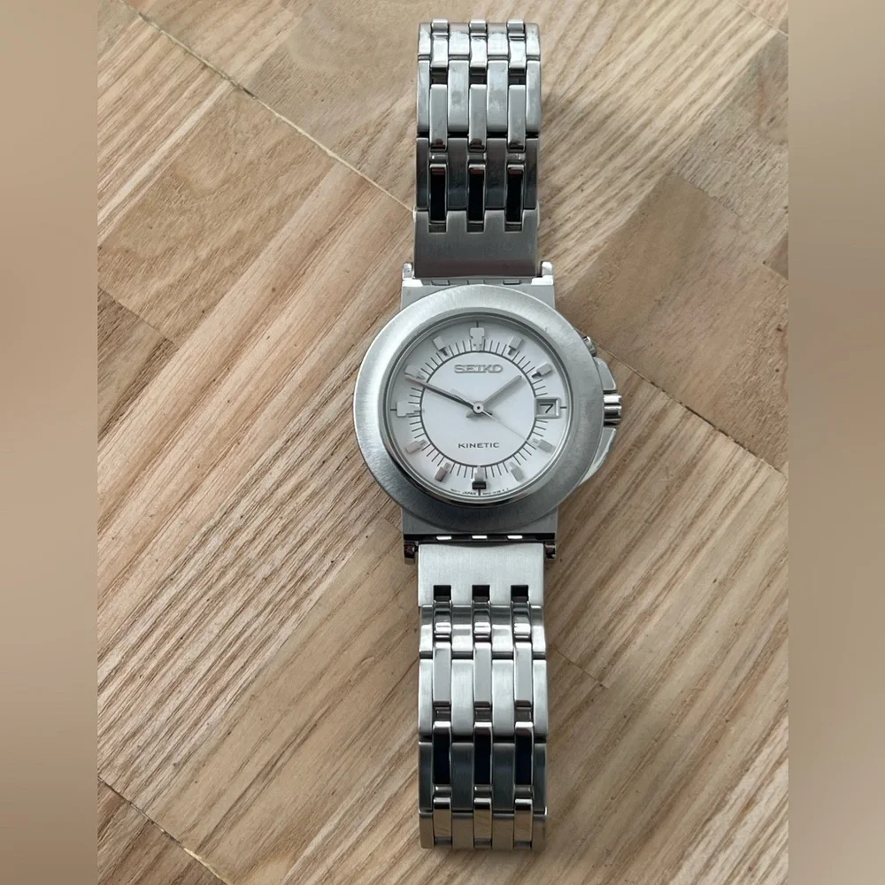 Seiko Kinetic Super Rare Automatic Watch White Dial Stainless Bracelet Dial